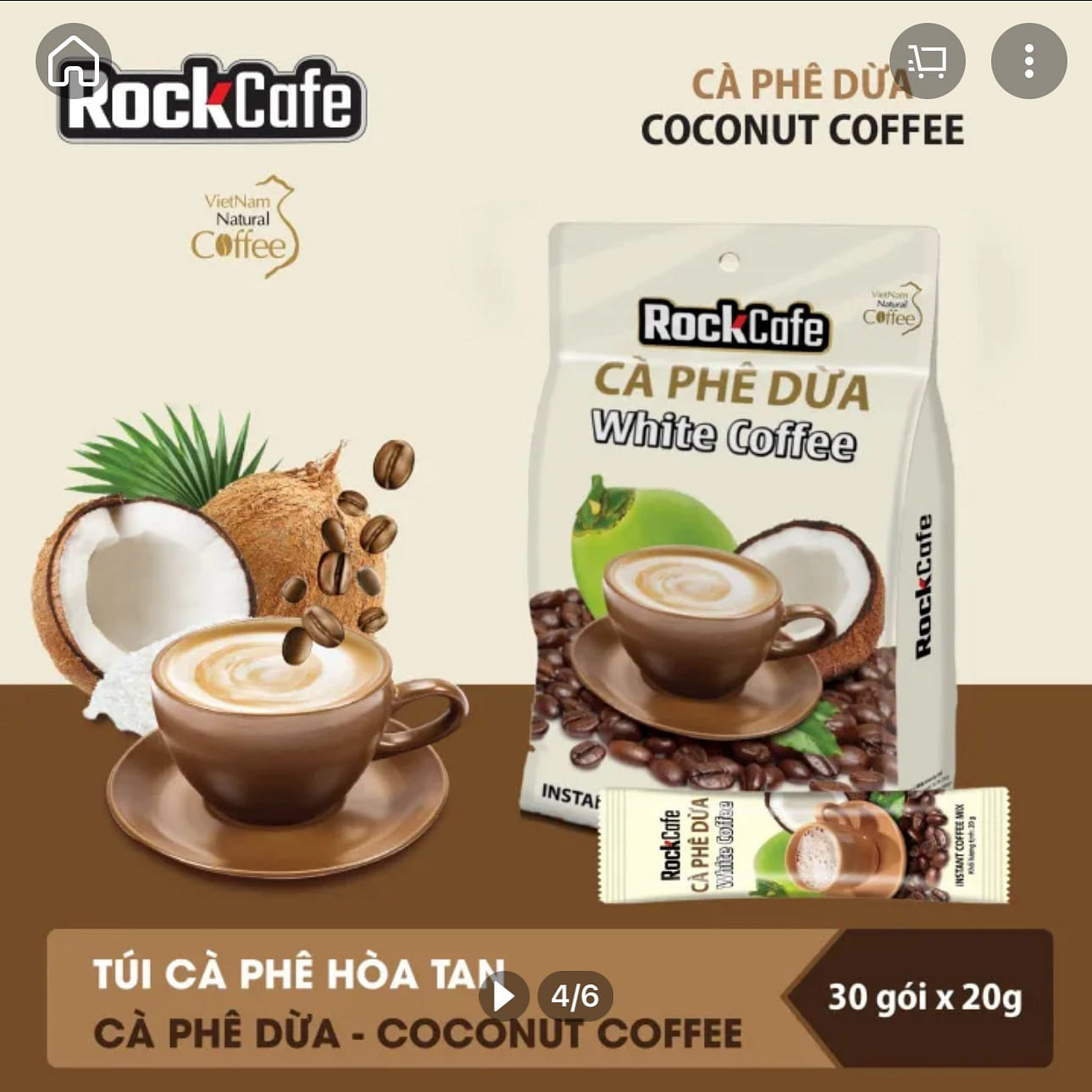 COCONUT WHITE COFFEE 20GRX 30 BAGS 600GR 1 each
