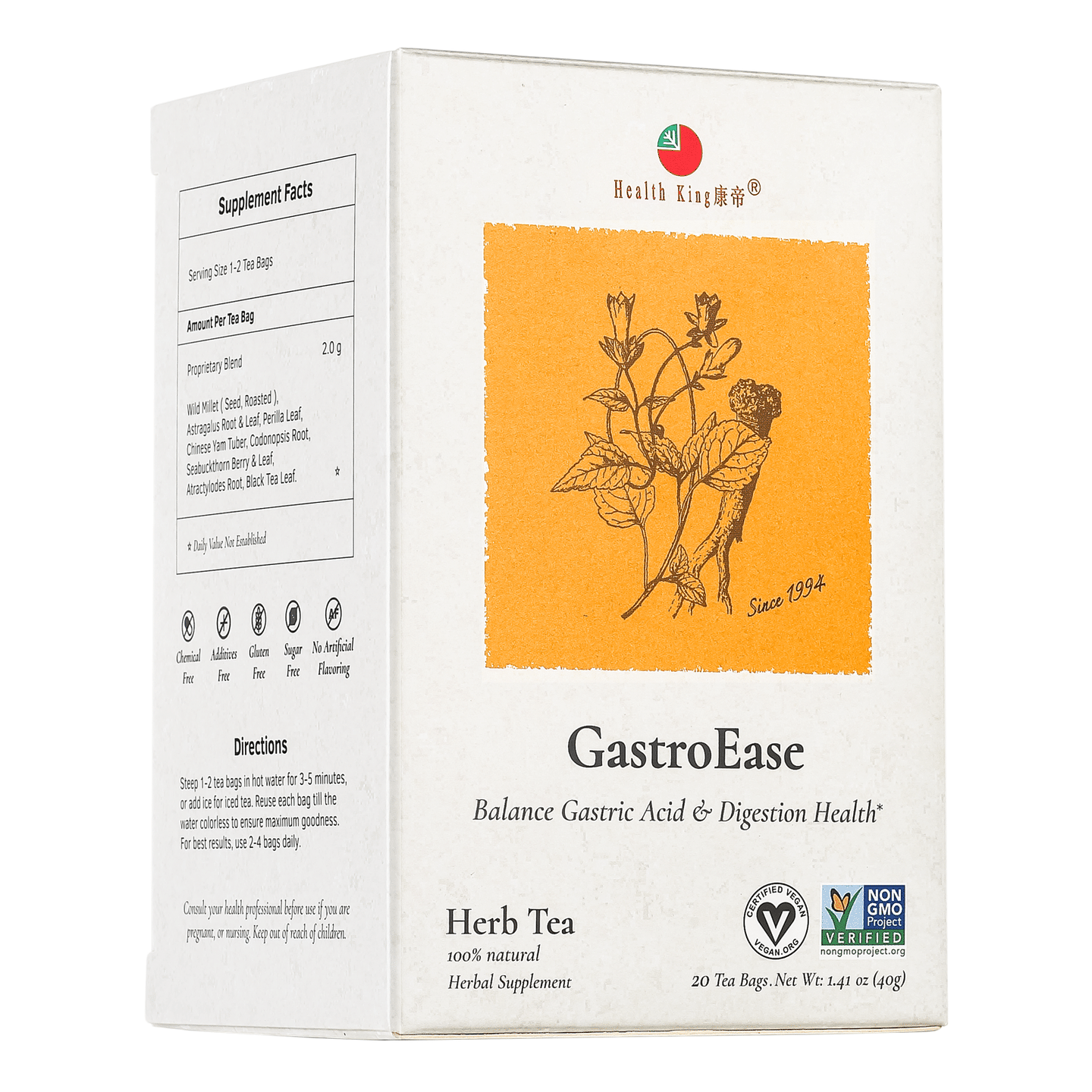 Health King GastroEase Herb Tea-Balance Gastric Acid & Digestion Health 1.41 オンス