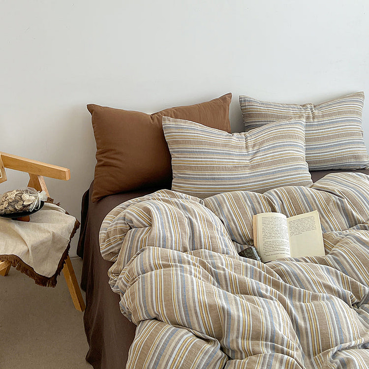 织序水洗棉条纹床上四件套（床笠款）蓝棕-Q 2000 克
