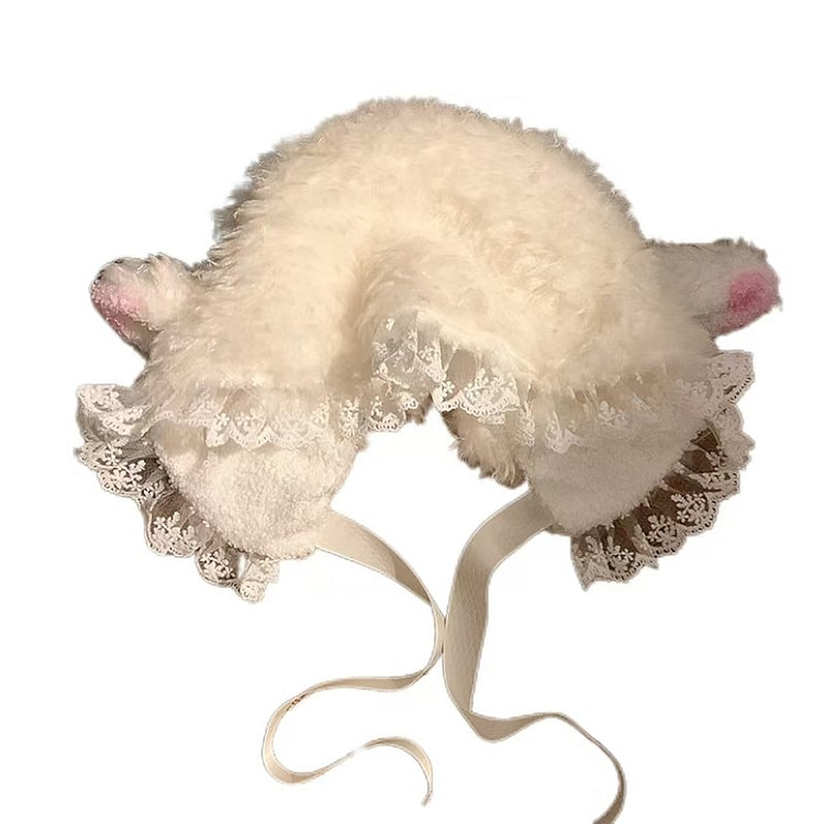 【中国直邮】 FOXTAIL 白色小羊帽子 秋冬 可爱软糯 拍照毛绒包头护耳帽 -蕾丝款 1个