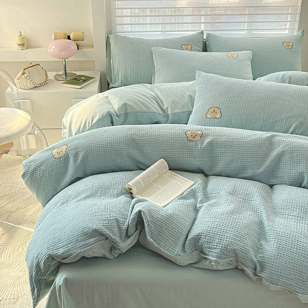Teddy Waffle Bedding Set Sky Blue-Double 2000 g
