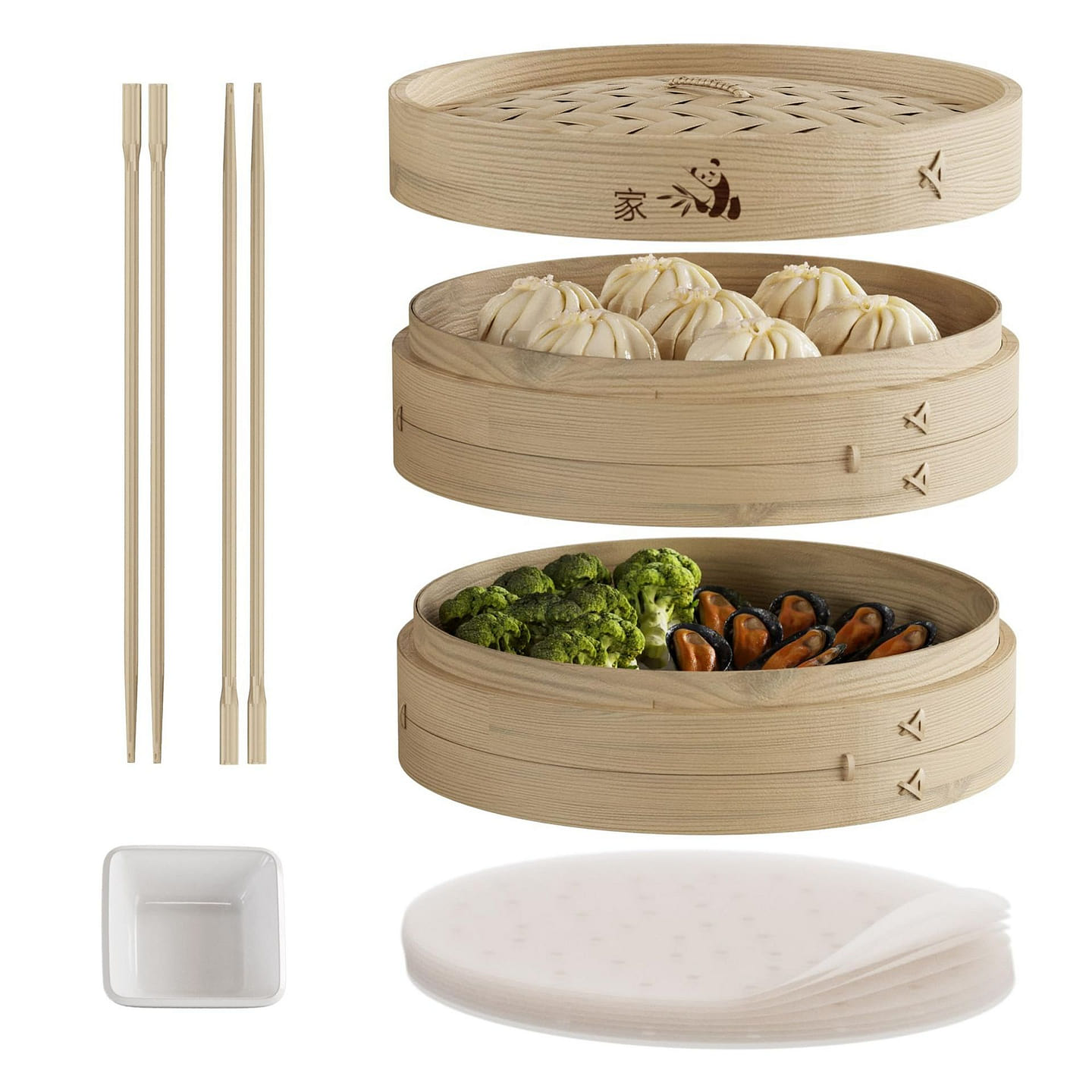 2-Tier Bamboo Steamer Basket 10-Inch + 50 Liners 1 each