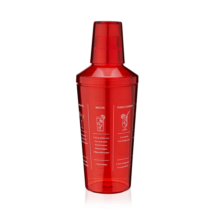True Red Plastic Recipe Shaker, Tinted Plastic Cocktail Shaker, Includes 7 