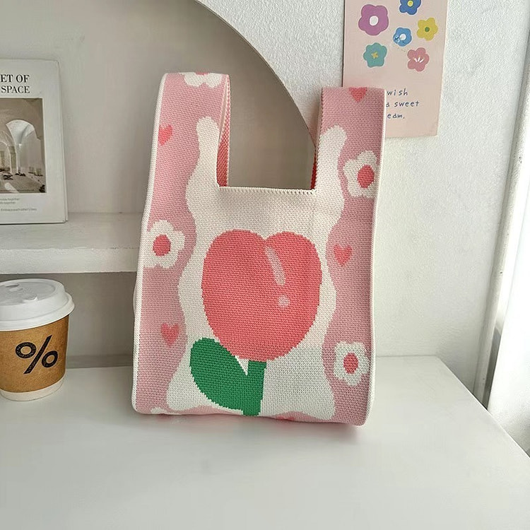 Pink Tulip Hand-Knitted Crochet Bag  Shoulder Bag