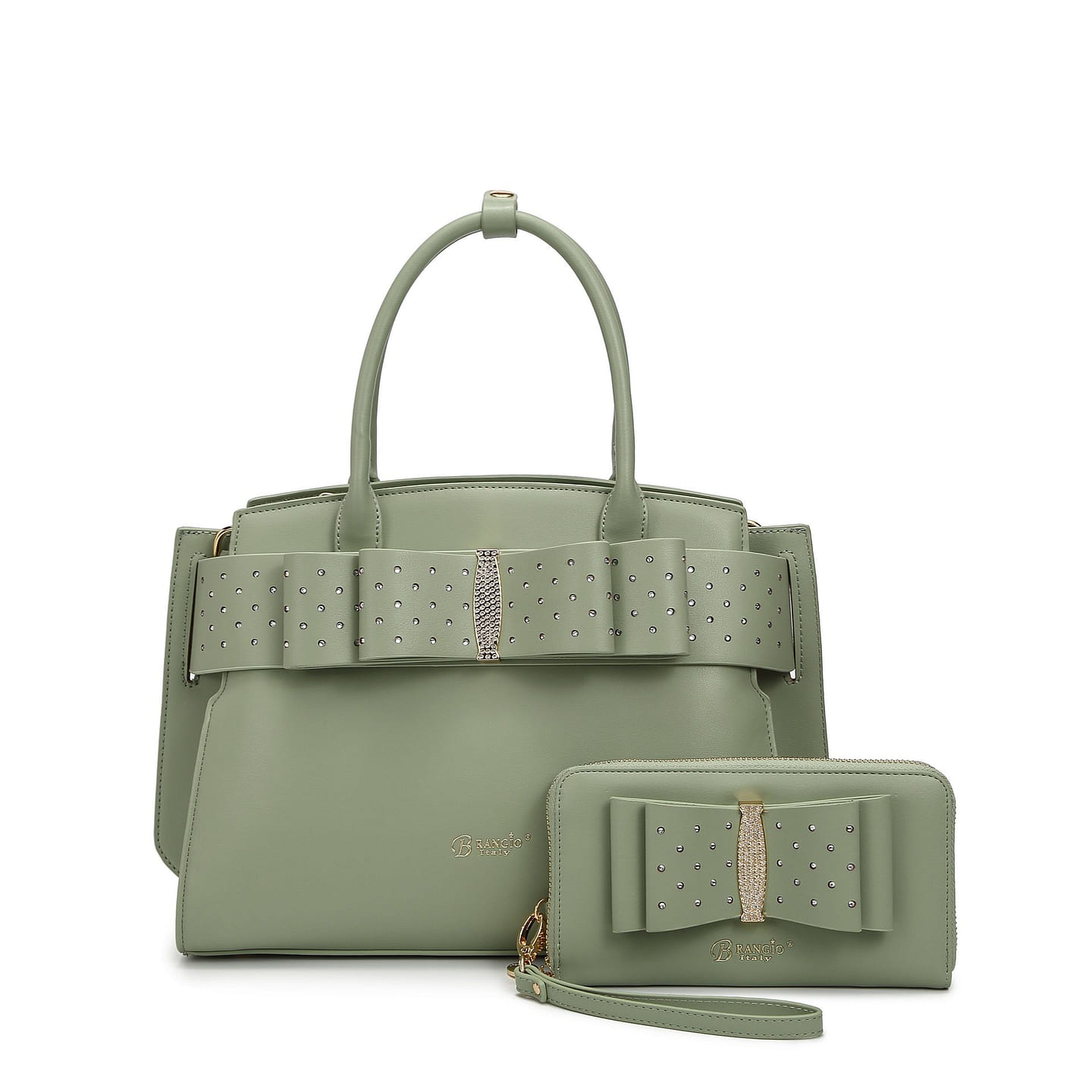 Ribbon Romance Satchel with Rhinestone+Matching Wallet Set [RKH4272+RKW4268-GN] 1 each