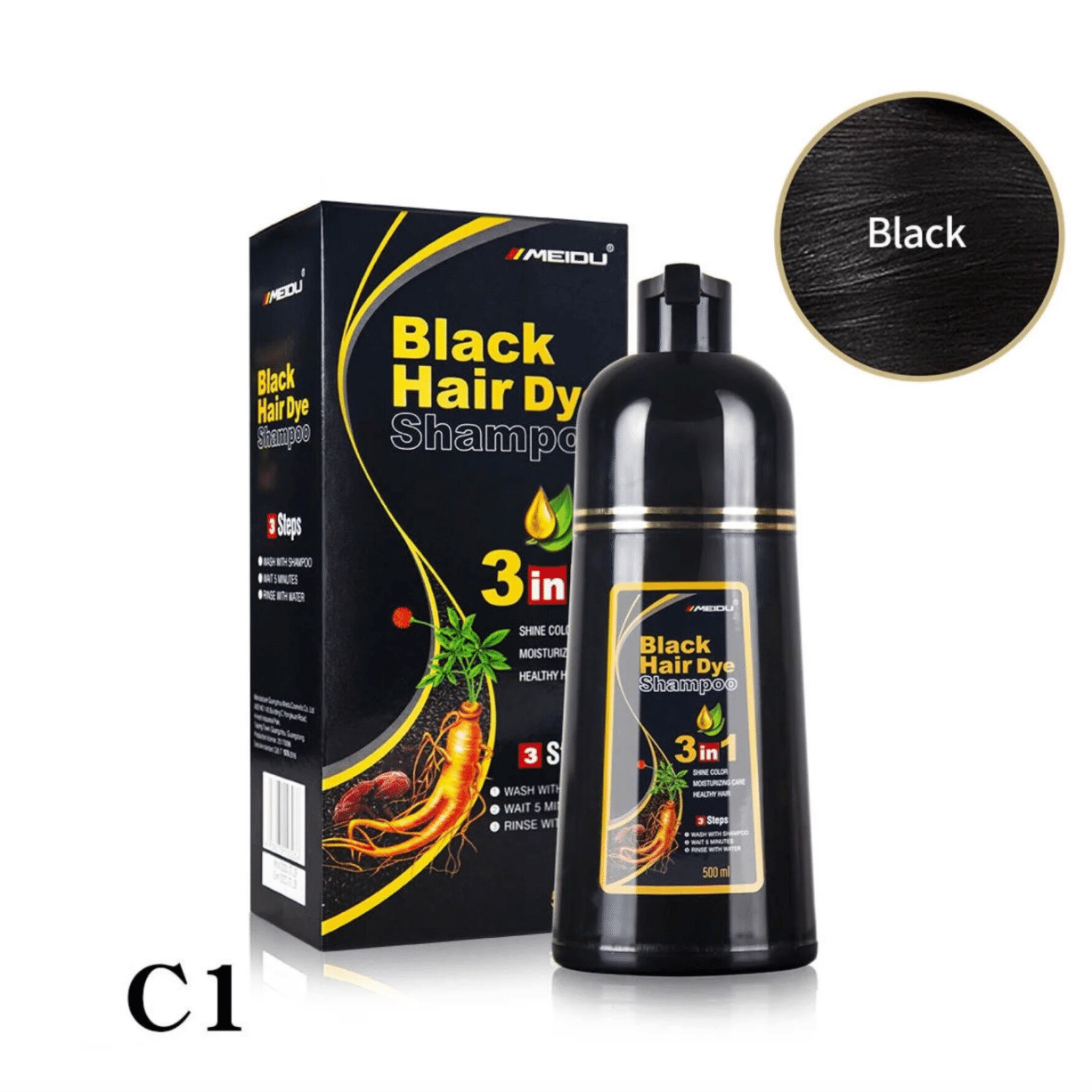 Meidu 3 in 1 Natural Hair Dye Color Shampoo Black 500 ml(ミリリットル)