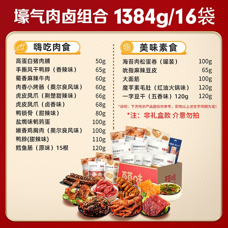 【16款美味小吃 无礼盒】百草味 卤味组合 1384 克