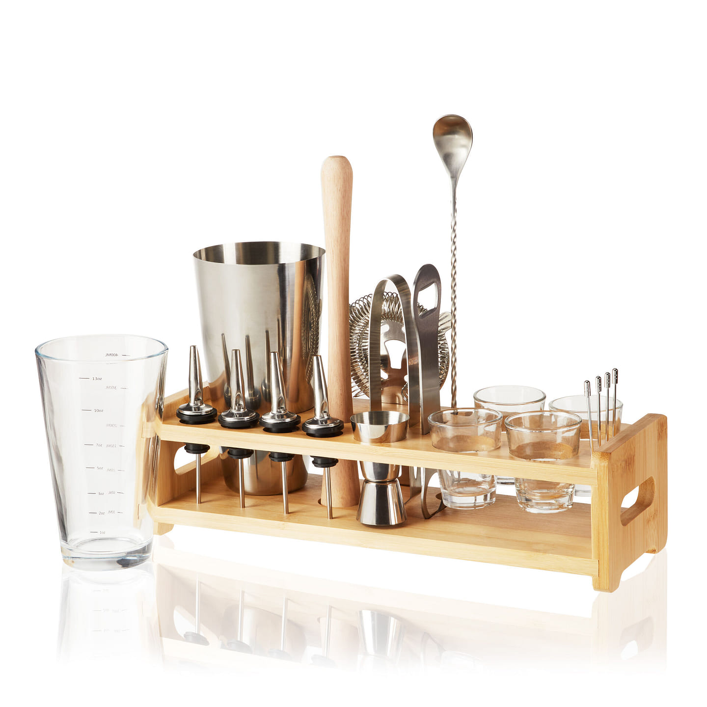 True Ultimate 20 Piece Barware set with Wooden Stand, Bar Tools, Shot Glasses, Mixing Glass, Craft Perfect Cocktails at Home, Essential Bar Tools, 20-Piece set, Wood and Stainless Steel 7 count