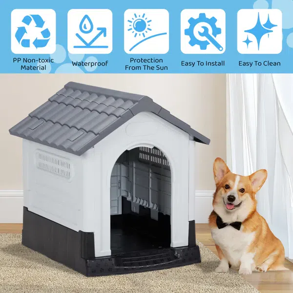 26 inch Plastic Dog House, Indoor Outdoor Doghouse Pet House with Air Vents and Elevated Floor, Insulated Water Resistant Puppy Shelter Kennel for Small Dogs, Gray & White 1 each
