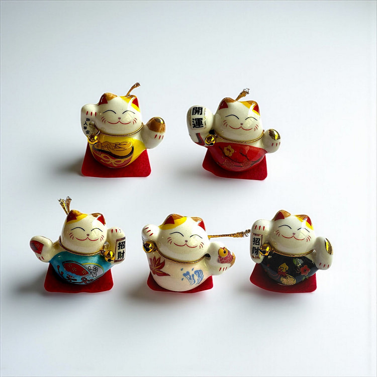 Set of 5 Mini Lucky Cat Figurines Height 1.5"