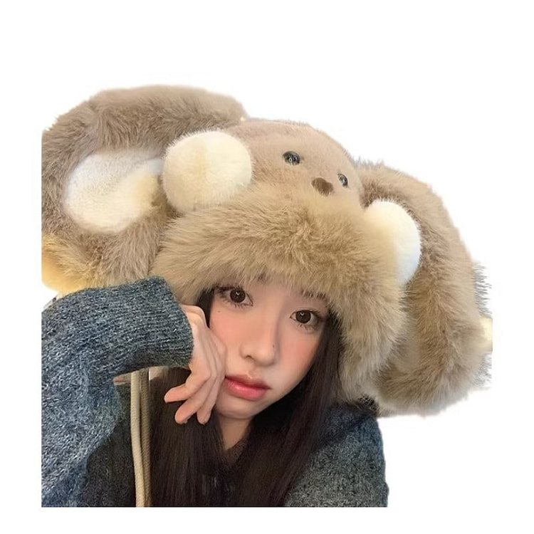 【中国直邮】 FOXTAIL 大耳兔帽子 可爱甜美保暖 卡通动物御寒雷锋帽百搭 大头围毛绒护耳帽 女 -卡其色 1个