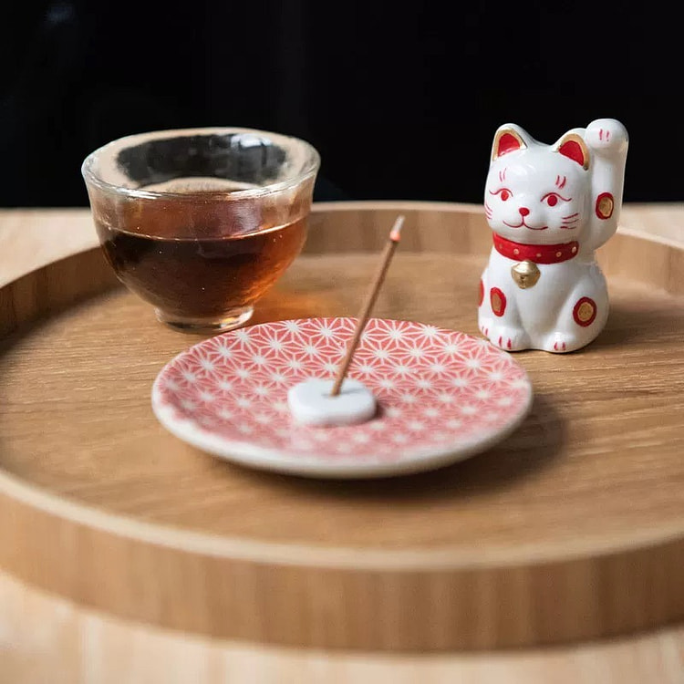 濑户烧 招财猫香立（礼盒装）- 红色