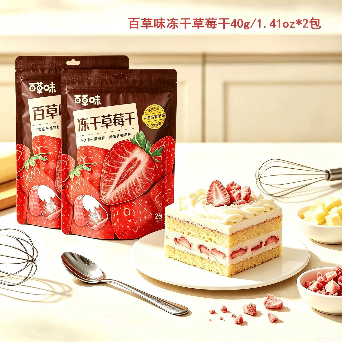 Baicaowei Freeze-Dried Strawberry Chunks 40g 2 pack