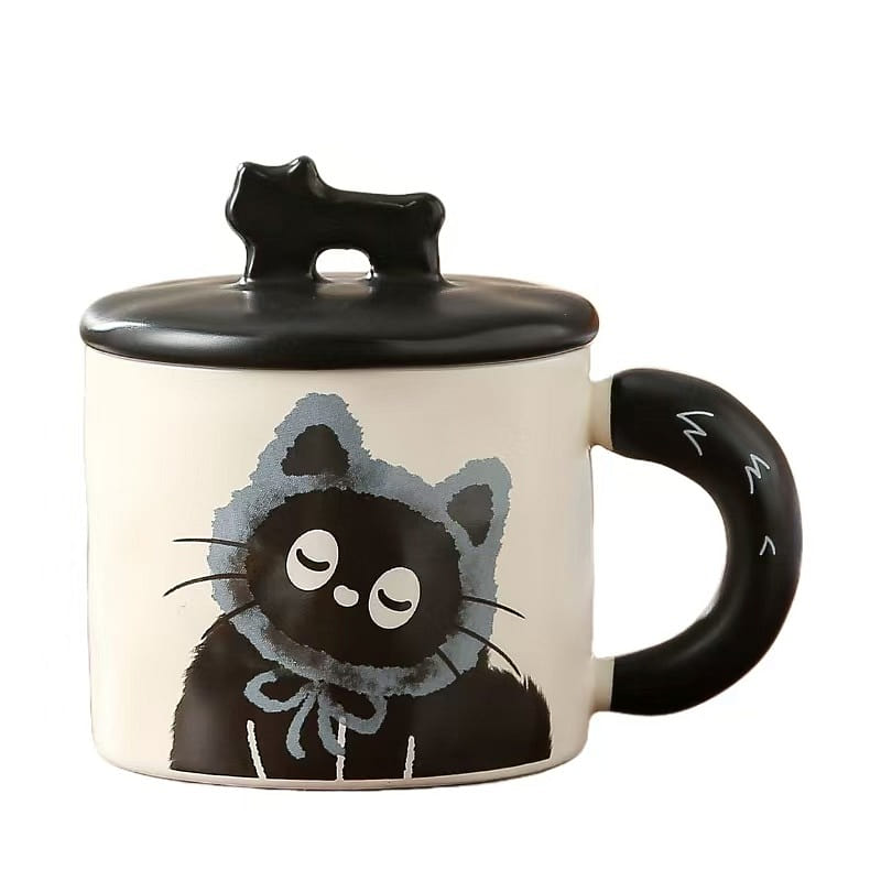 Gorgeous Ins Style Ceramic Mug With Lid Cute Couple Mc Character Cat -Gray 1PC 1 each