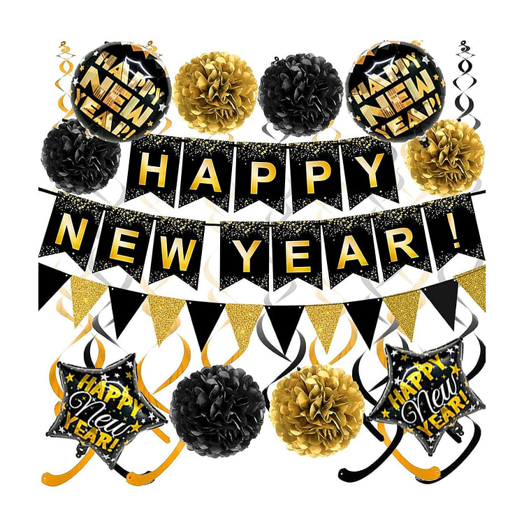 New Year Party Decoration Set - Black & Gold 1 pack