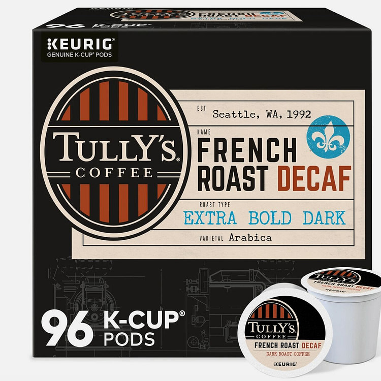 Tully's Coffee French Roast Decaf, K-Cup 96 Count 4 pack