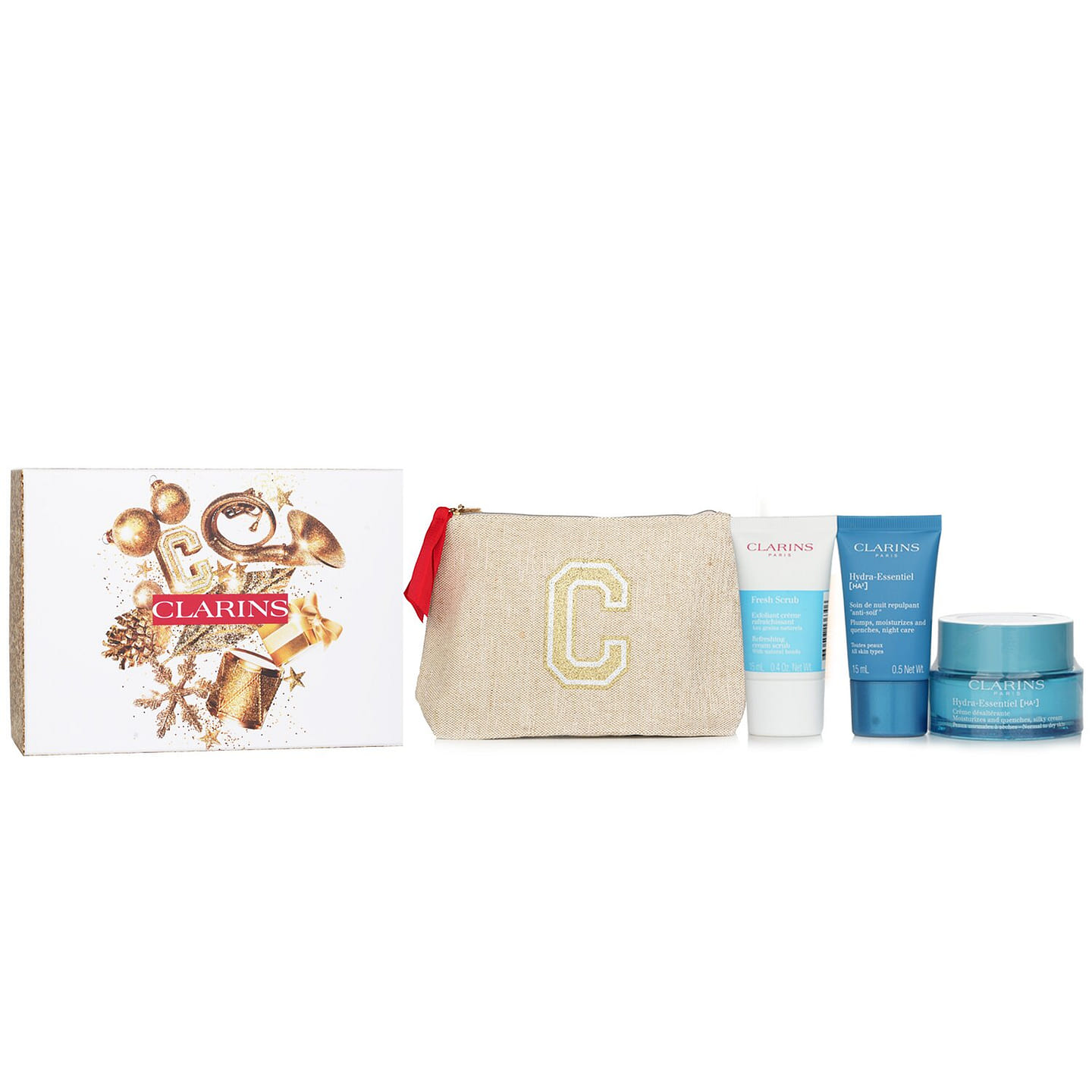 Clarins Hydra Essentiel Set: Silky Cream 50ml + Cream Scrub 15ml + Night Cream 15ml + Pouch 3 bottle