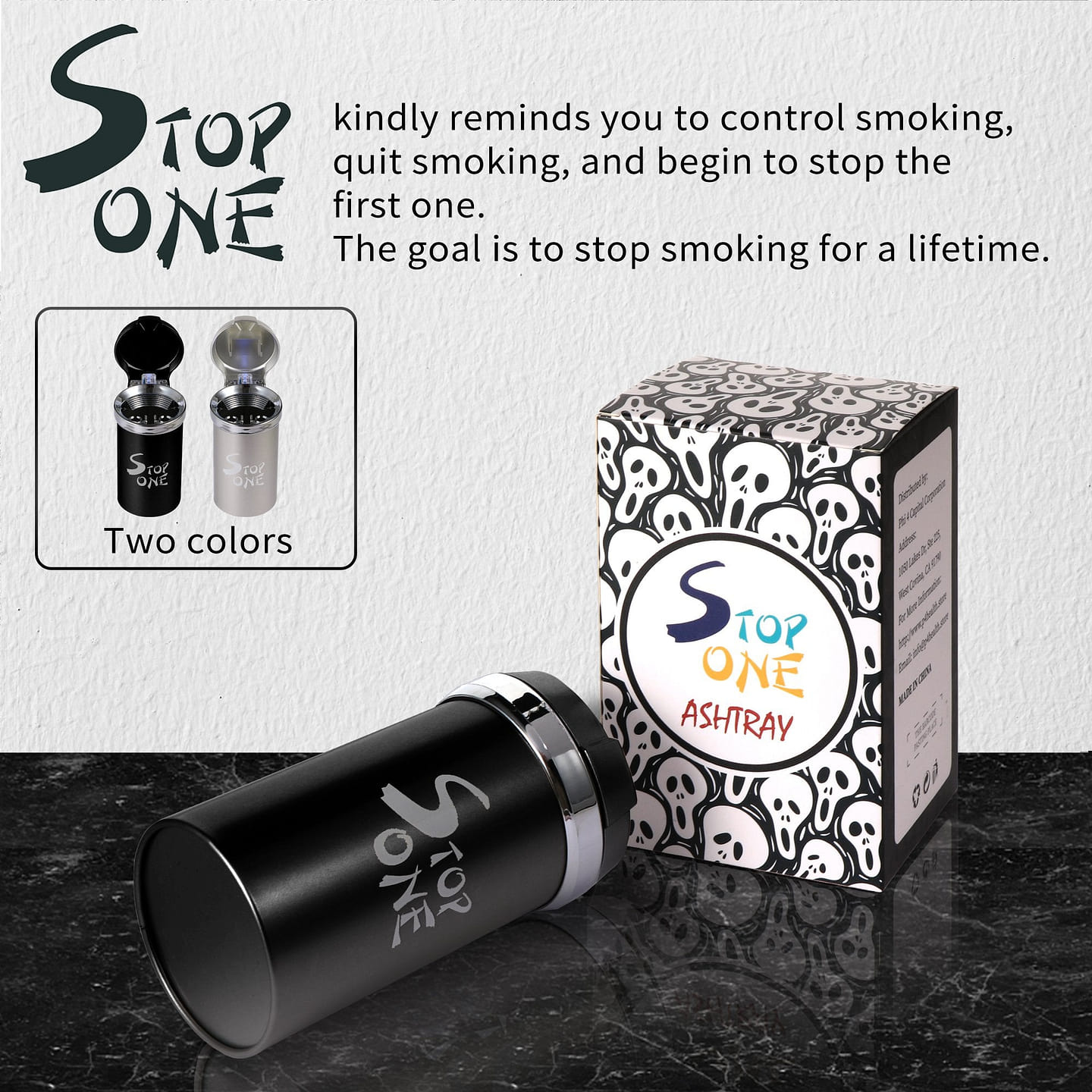 STOP ONE Car Ashtray, Portable Ashtray, CA-541 Auto Ash Tray with Lid and Led, Black Black 1 each