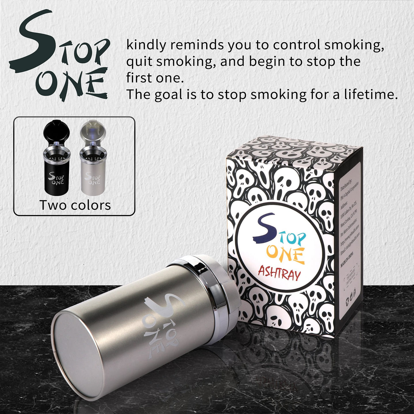 STOP ONE Car Ashtray, Portable Ashtray, CA-541 Auto Ash Tray with Lid and Led, Silver Sliver 1 each