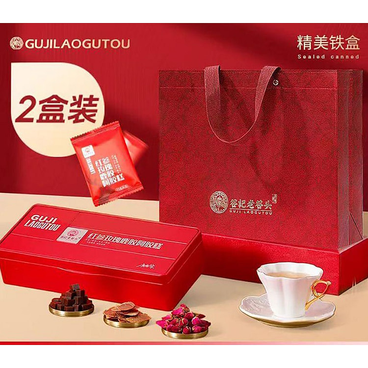 谷记老谷头 红参玫瑰鹿胶阿胶糕礼盒  即食阿胶固元糕 年货新年礼盒 195g*2盒