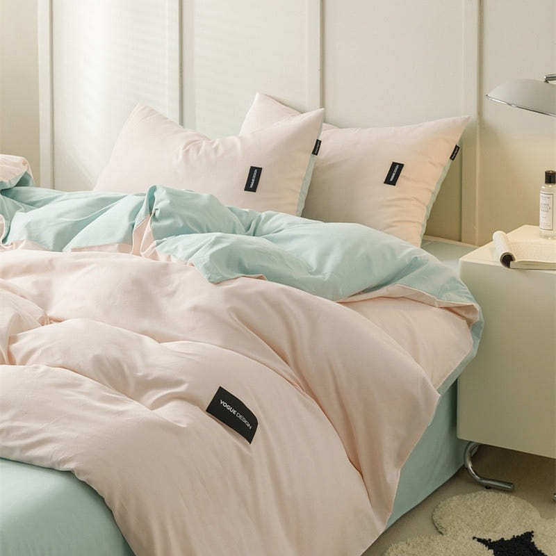Bedding Set Flat Sheetx1 Duvet Coverx1 Pillow Casex2 Pink+Green 1 each