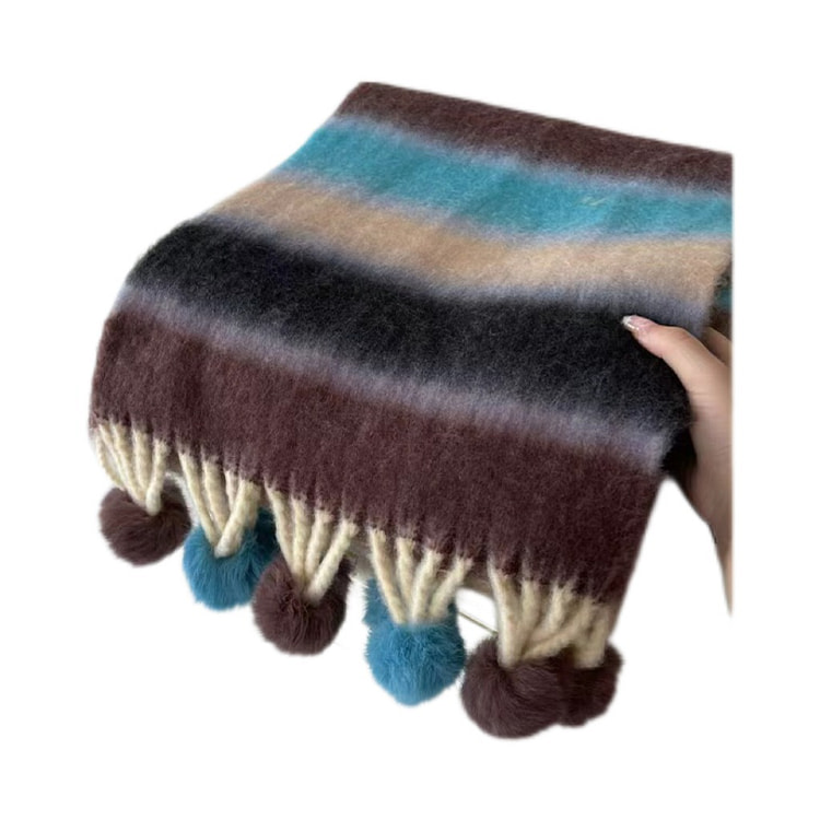 多巴胺彩色条纹手工毛球保暖围巾 加厚 防寒-蓝咖 1 个