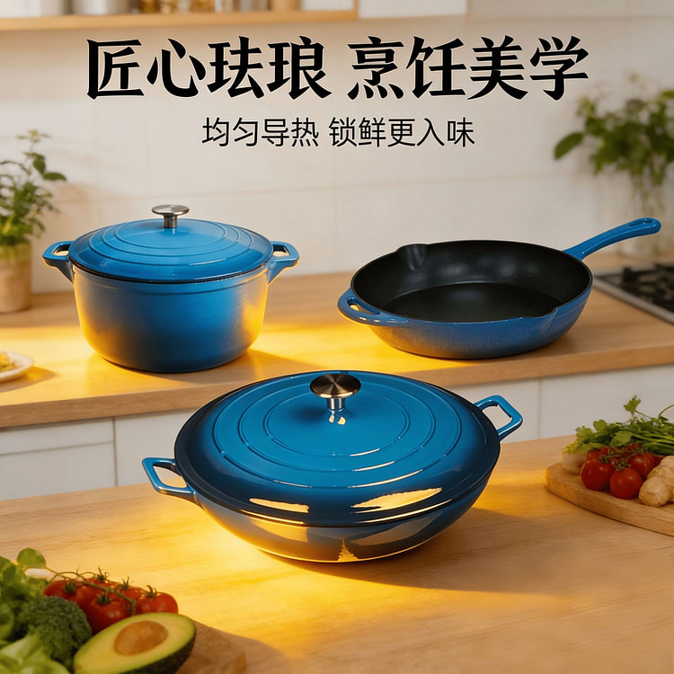 渐变蓝五件套家用厨房套装多功能焖烧煮炖煲锅平底煎锅 1 份