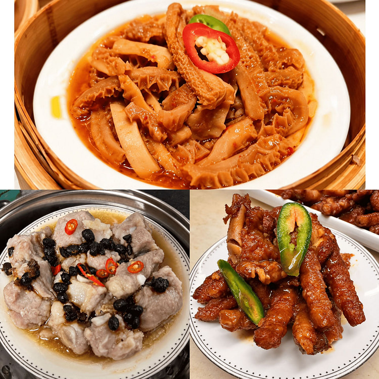饮茶三宝 豉汁蒸排骨 秘制凤爪 沙嗲金钱肚 1 份