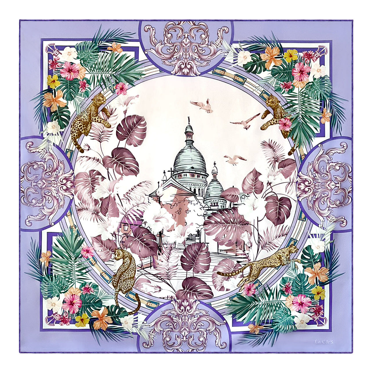 36×36 Hand-rolled Hem Silk Twill Scarf, Double-Sided Print, Violet  1 count
