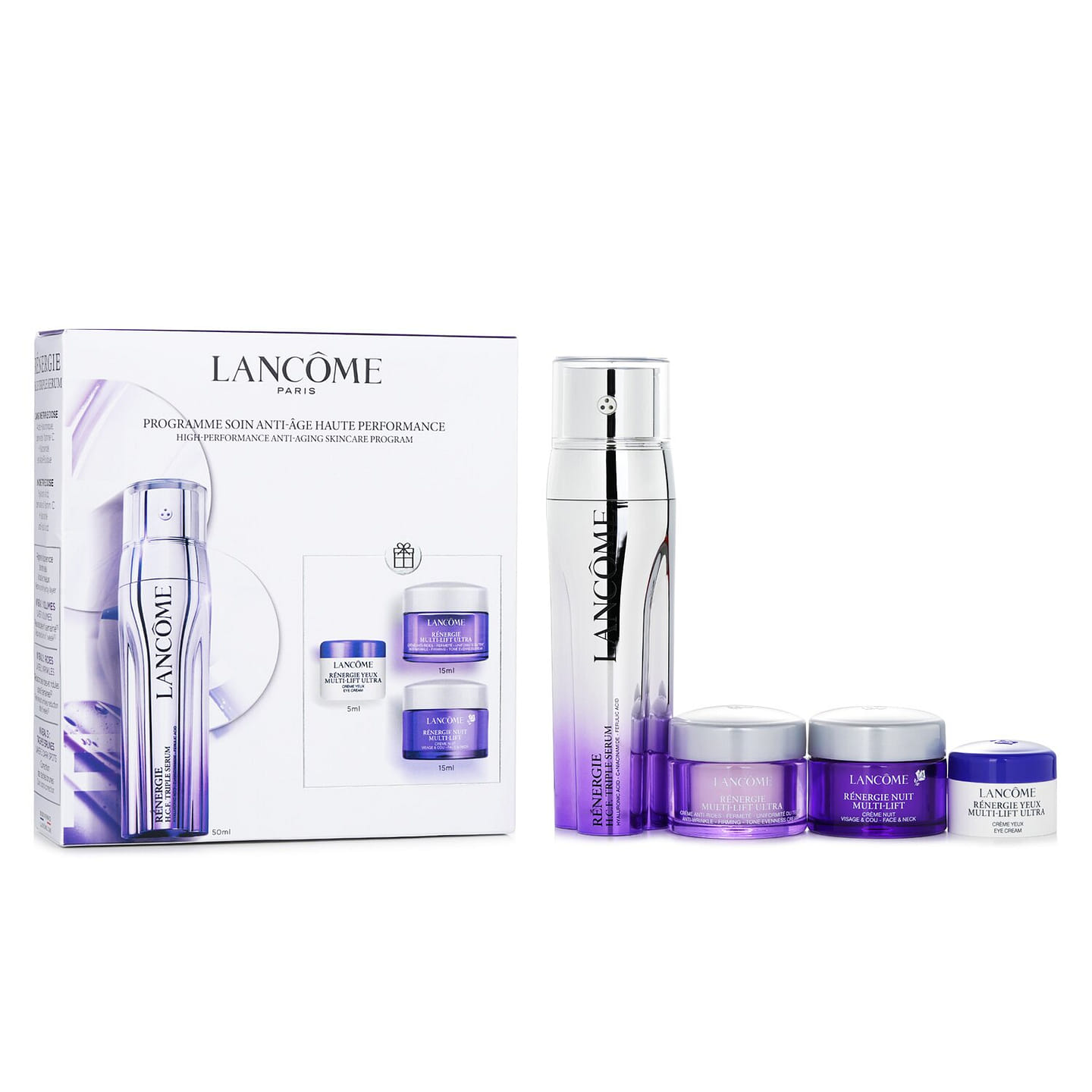 Lancome High Performance Anti-Aging Skincare Set: Renergie Serum 50ml + Day Cream 15ml + Night Cream15ml + Eye Cream 5ml 4pcs 4 each