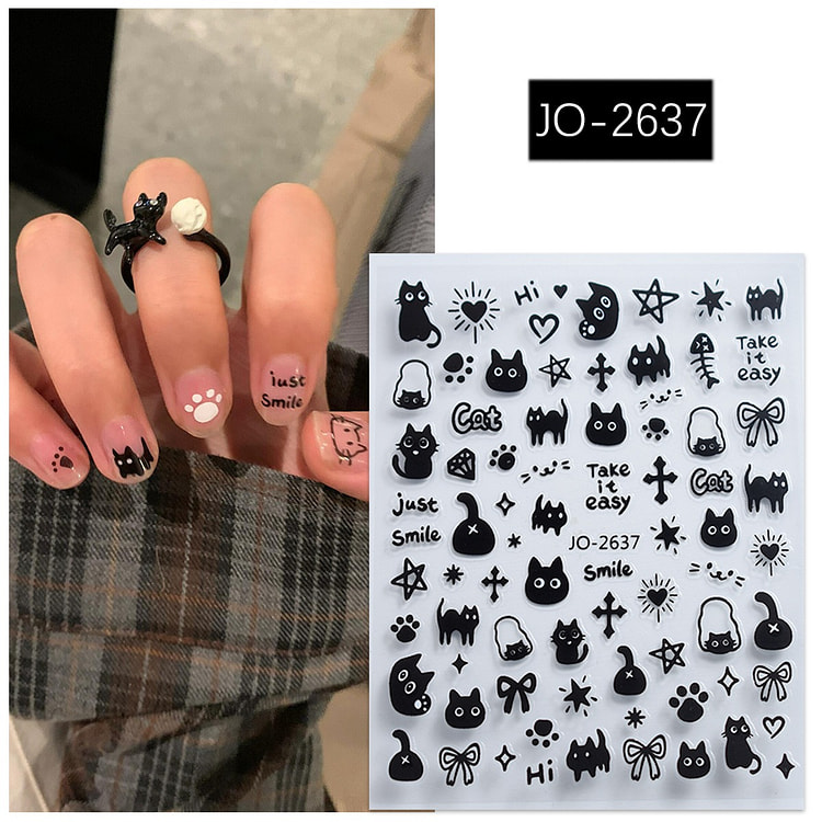 涂鸦卡通DIY美甲贴纸JO-2637【涂鸦猫】黑色 1 个