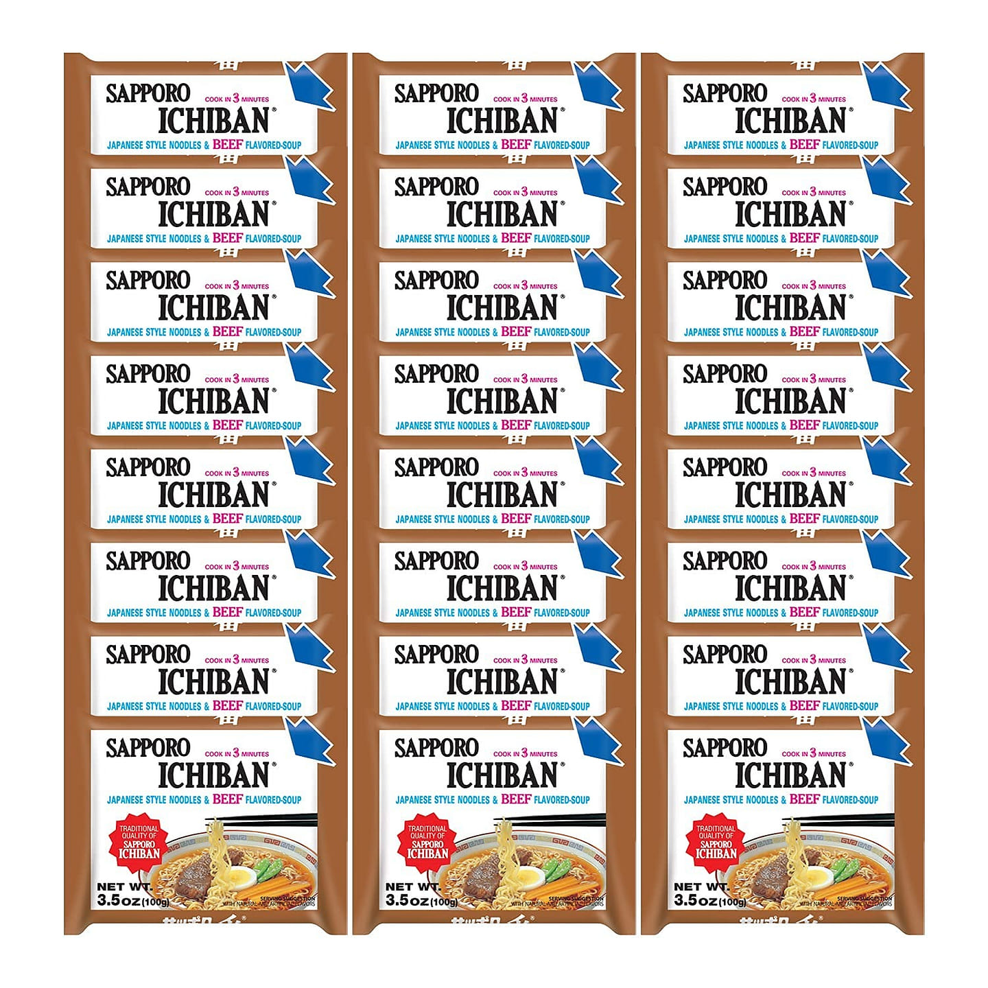 SAPPORO ICHIBAN Beef Flavor Ramen Noodles / 24 PK 3.5 oz*24 pack