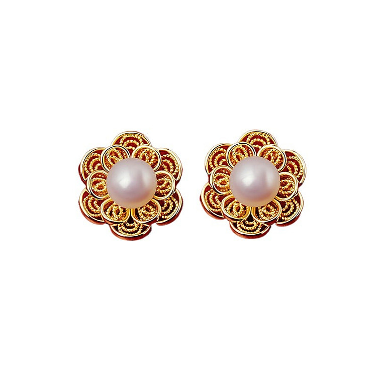 宫里上新 珍珠耳钉花朵耳饰 金色 10*10mm 1 盒
