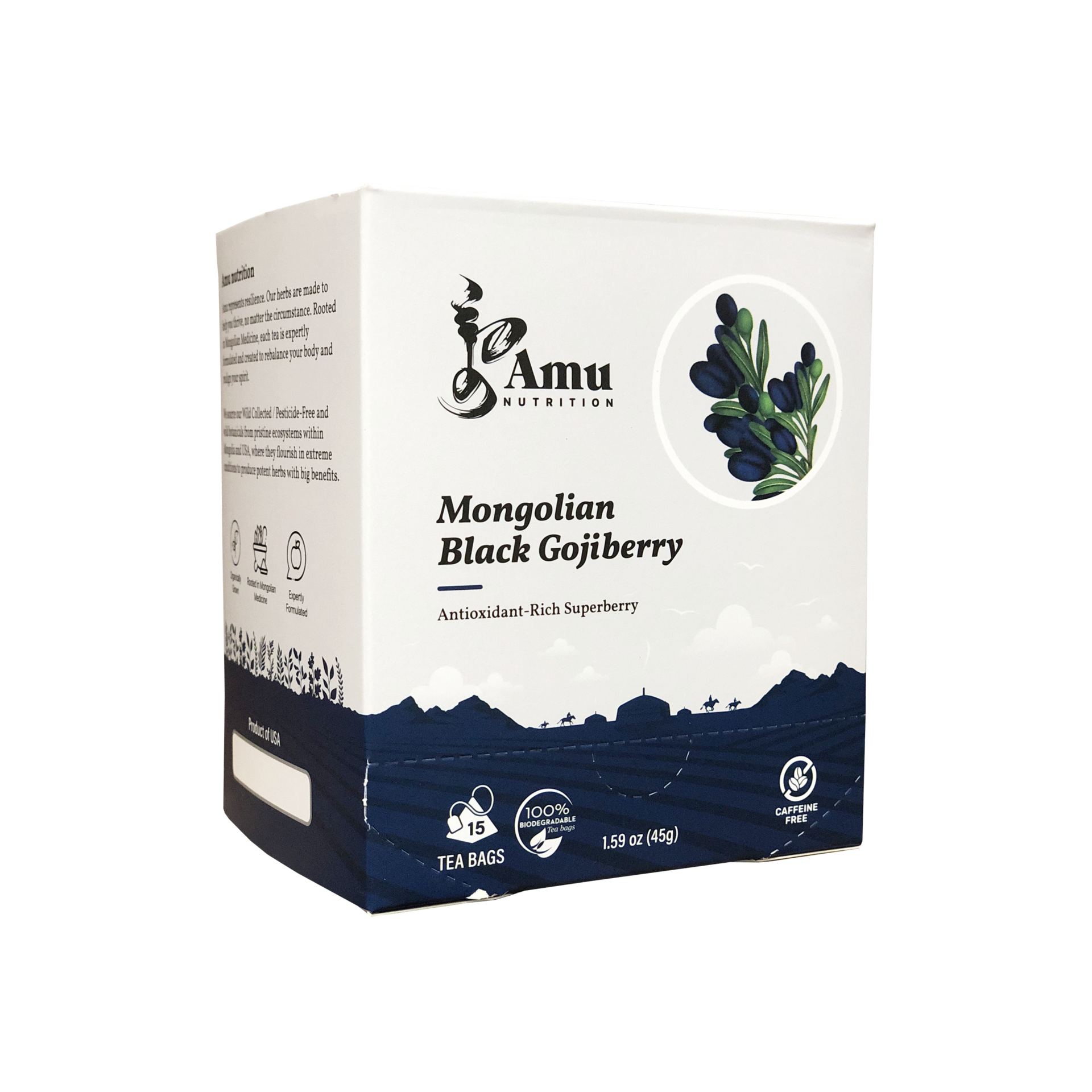 Amu Nutrition - Mongolian Black Gojiberry- Non plastic 15 Teabags 1.59 oz
