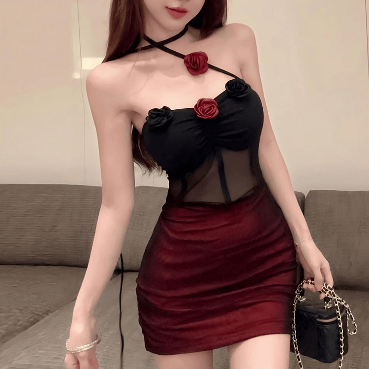 性感纯欲风网纱睡衣玫瑰旗袍 1 个