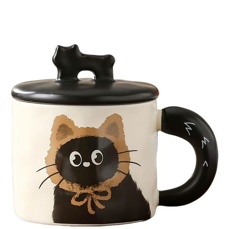 Gorgeous Ins Style Ceramic Mug With Lid Cute Couple Mc Character Cat -Brown 1PC 1 each