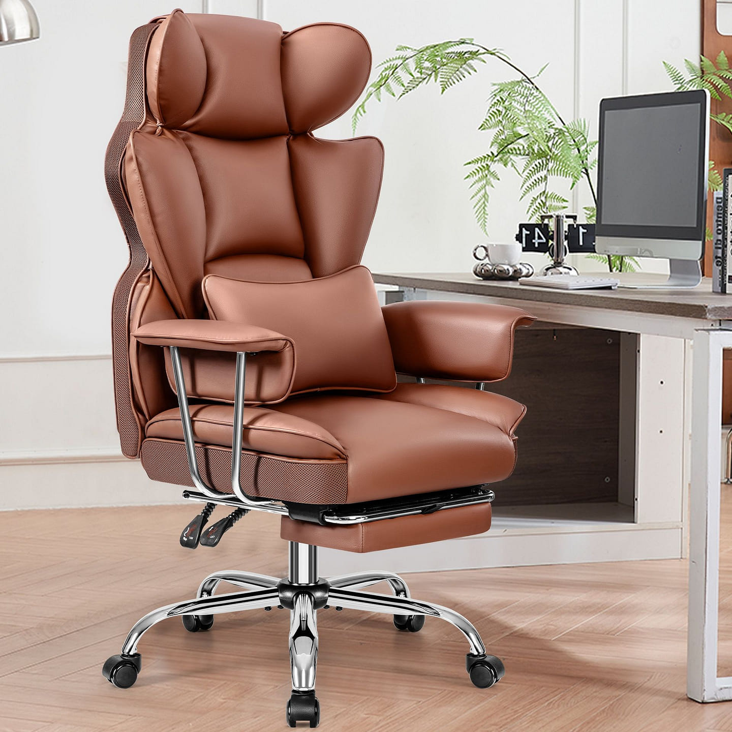 Executive Big Tall PU Leather Chair Footrest Brown 48 lb