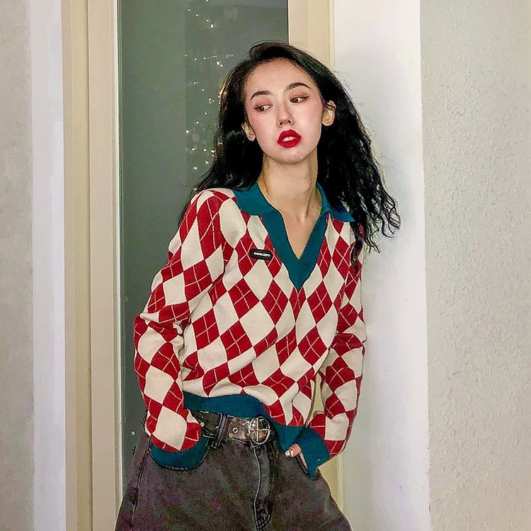 港式菱格V领复古红色薄款针织衫
