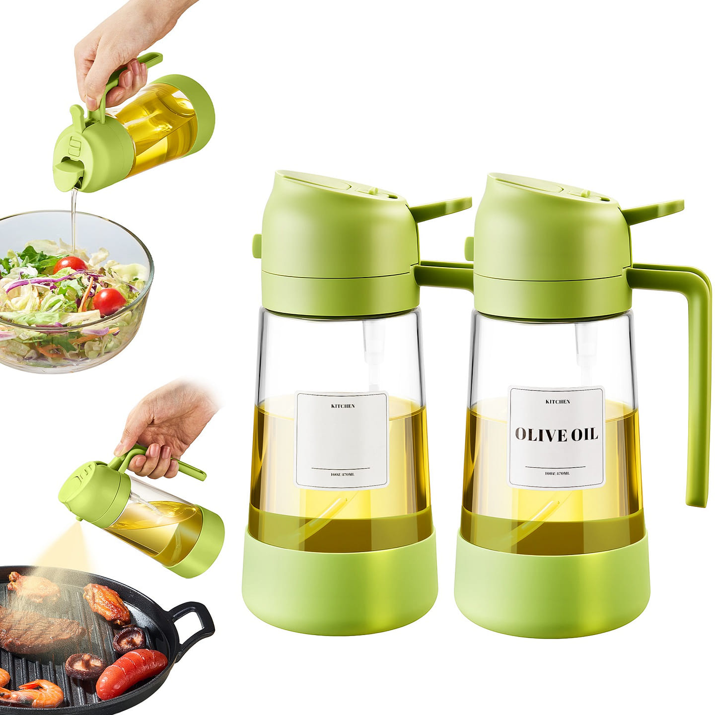 2PC Oil Dipenser Bottle with Silicone Bottom Green 2 count