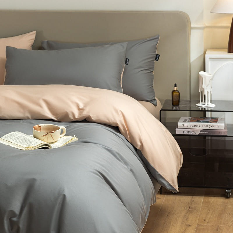 Bedding Set King Size Flat Sheetx1 Duvet Coverx1 Pillow Casex2 Grey+PeachPink 1 each