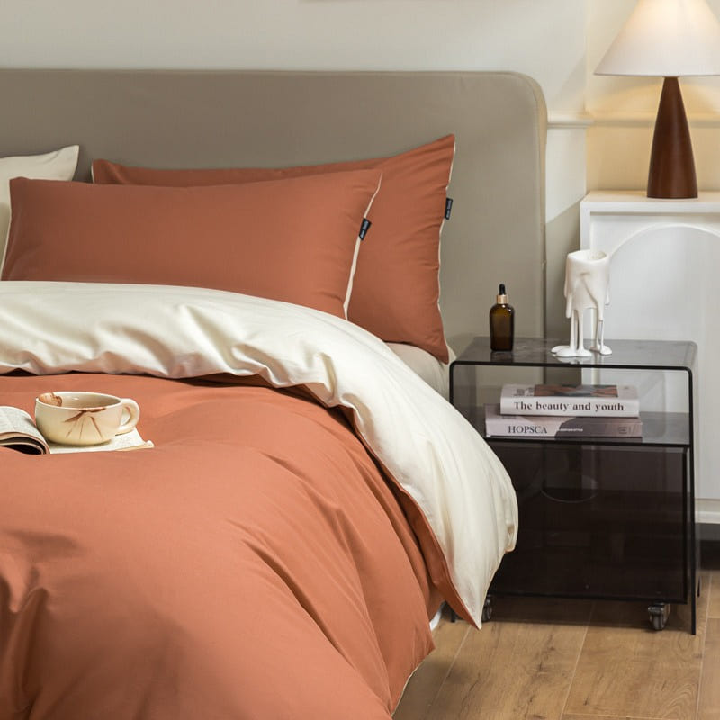 Bedding Set Queen Size Flat Sheetx1 Duvet Coverx1 Pillow Casex2 White+DeepOrange 1 each