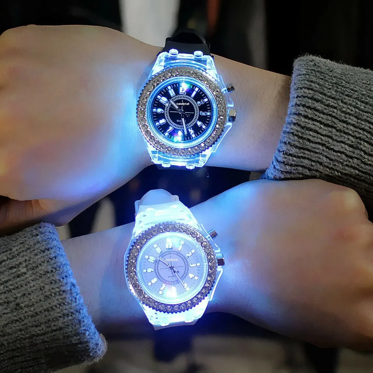 LED Light Up Analog Wrist Watch Crystal Bezel Flas 2 pack