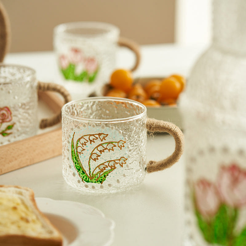 Beautiful Hand-painted Floral Glass Mugs Water Bottles for Girls Set Lily of Val 1 each
