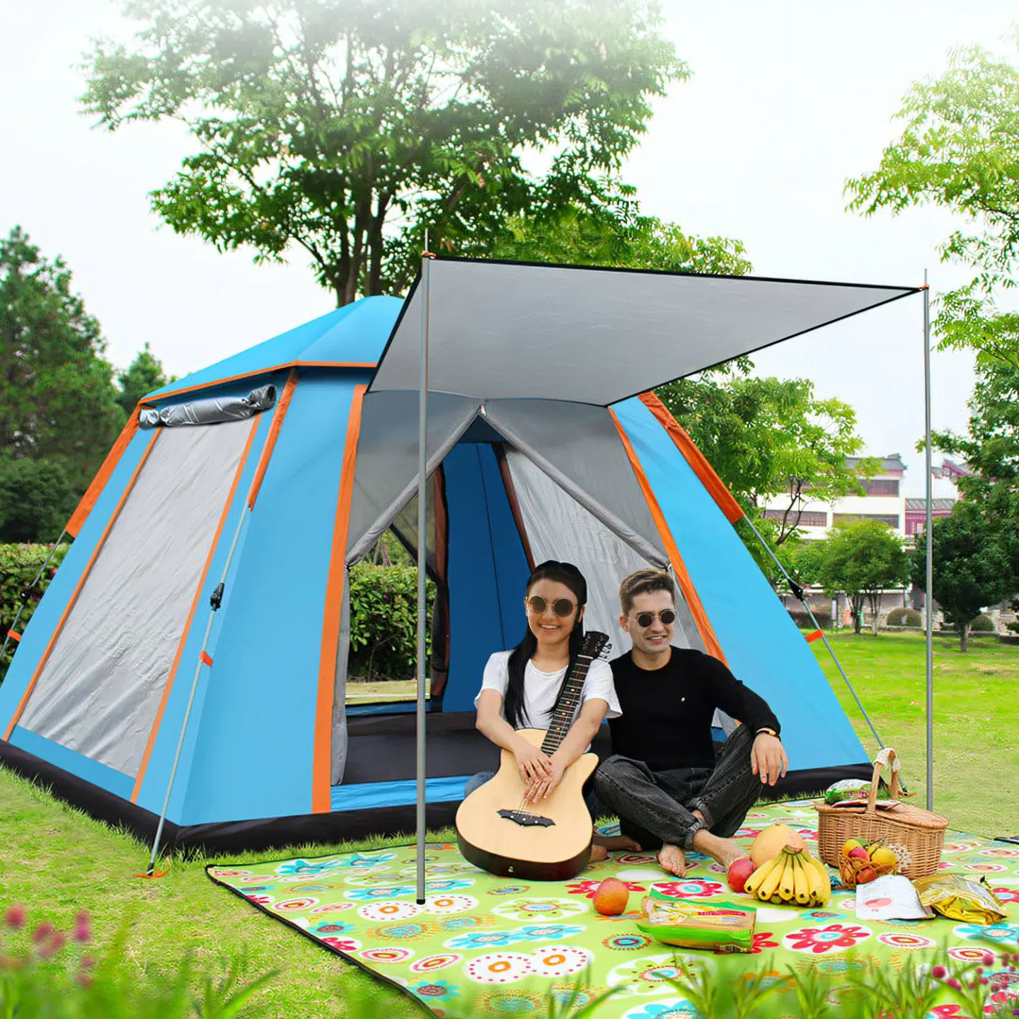 4-5 Person Camping Tent Outdoor Foldable Waterproof Tent with 2 Mosquito Nets Windows Carrying Bag for Hiking Climbing Adventure Fishing 1 each