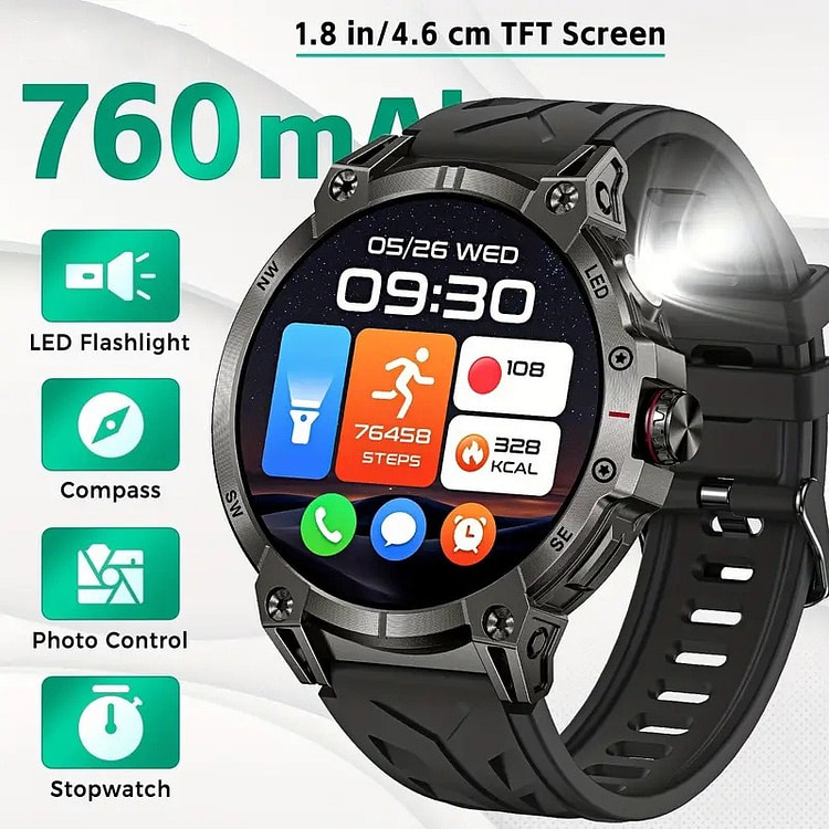 LED flashlight BT call sports smartwatch black