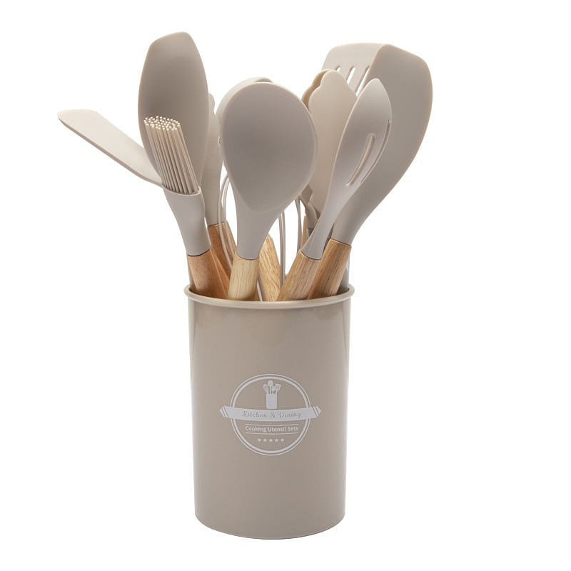 [Cooking Assistant] Wooden Handle Silicone Kitchenware Set 12 Pieces Khaki 1 box