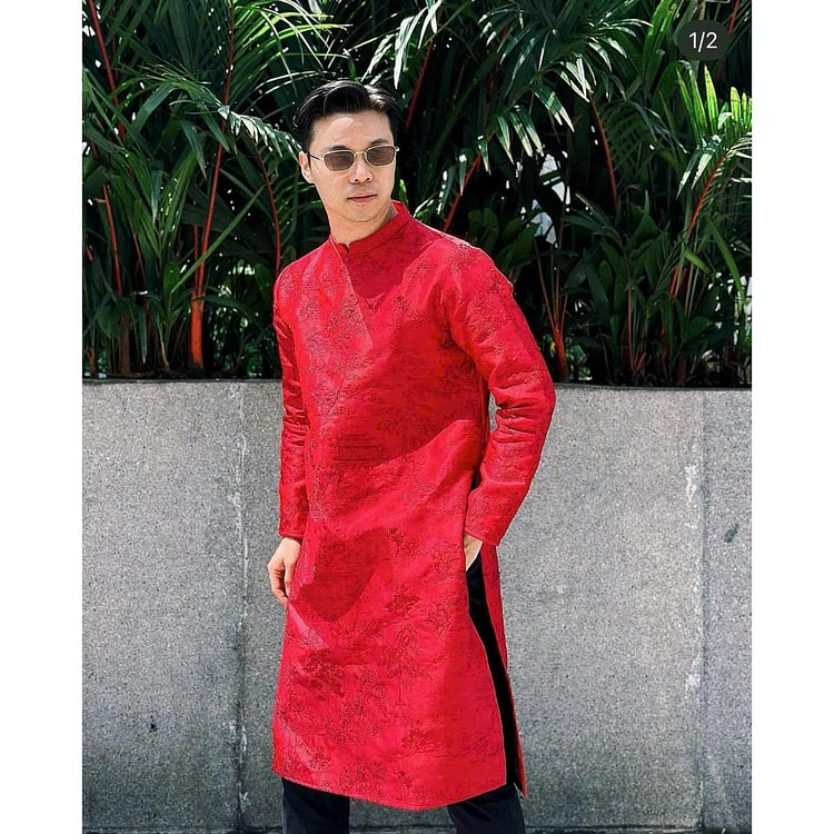 B72- Áo dài nam gấm dệt thuỷ mặc màu Đỏ XL