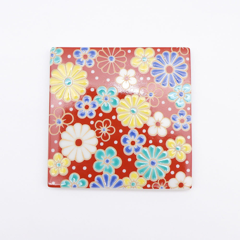 Kutani Ware Handmade Square Coaster (Plum Chrysanth,3.54 x 3.54) Made in Japan 1 each