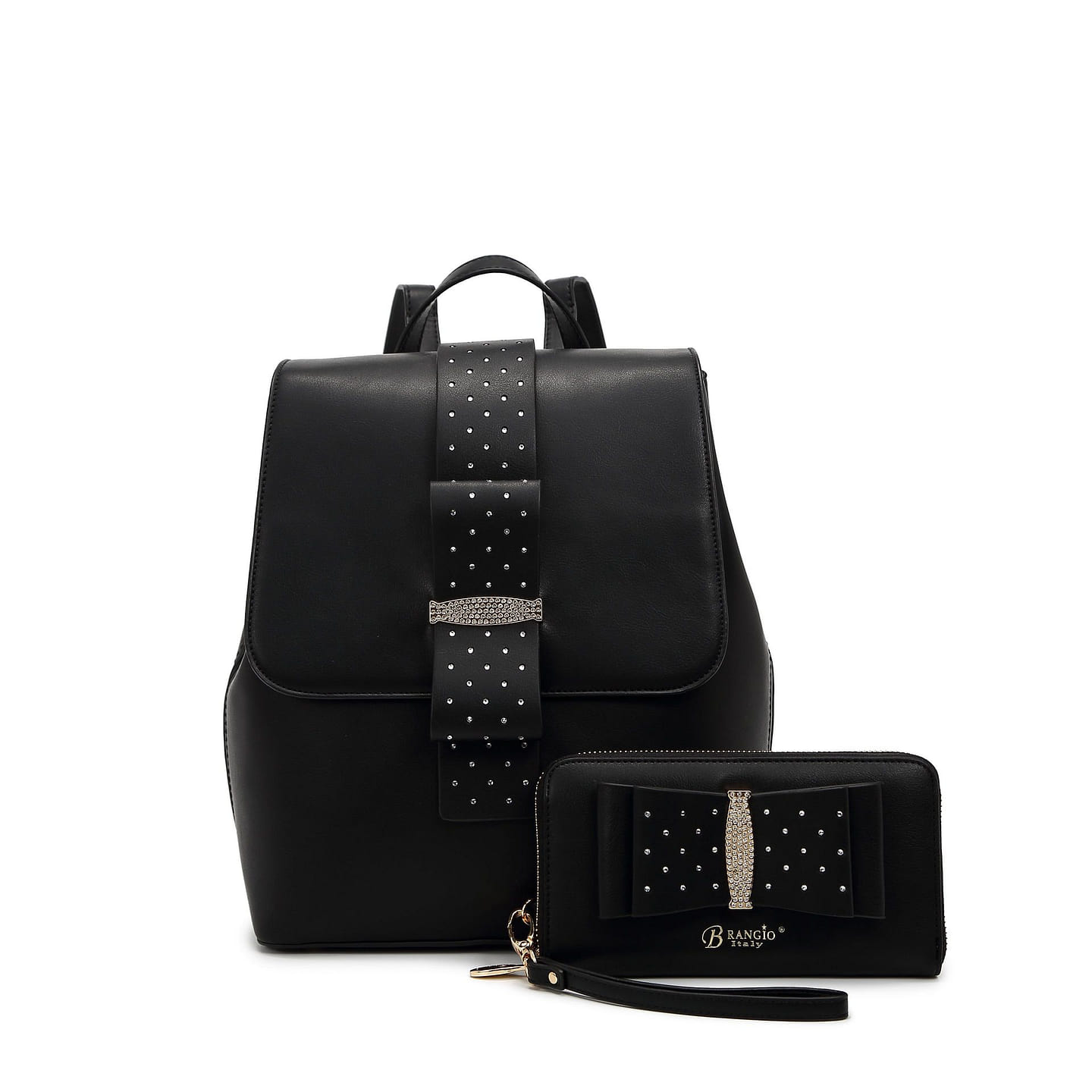 Ribbon Romance Backpack with Rhinestones+Matching Wallet Set[RKB4256+RKW4268-BK] 1 each