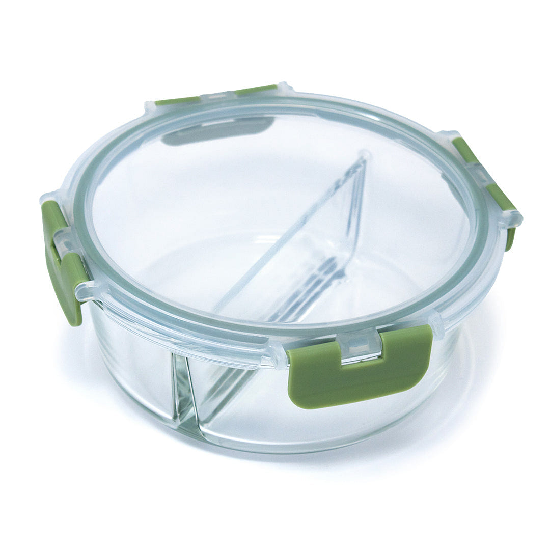HQ Boroslicate Glass Food Containers / Canister with Green / Clear Clip On Lid Box with 2 Compartments Airtight 32oz Round Bakeware for Kitchens 950 ML 1 each